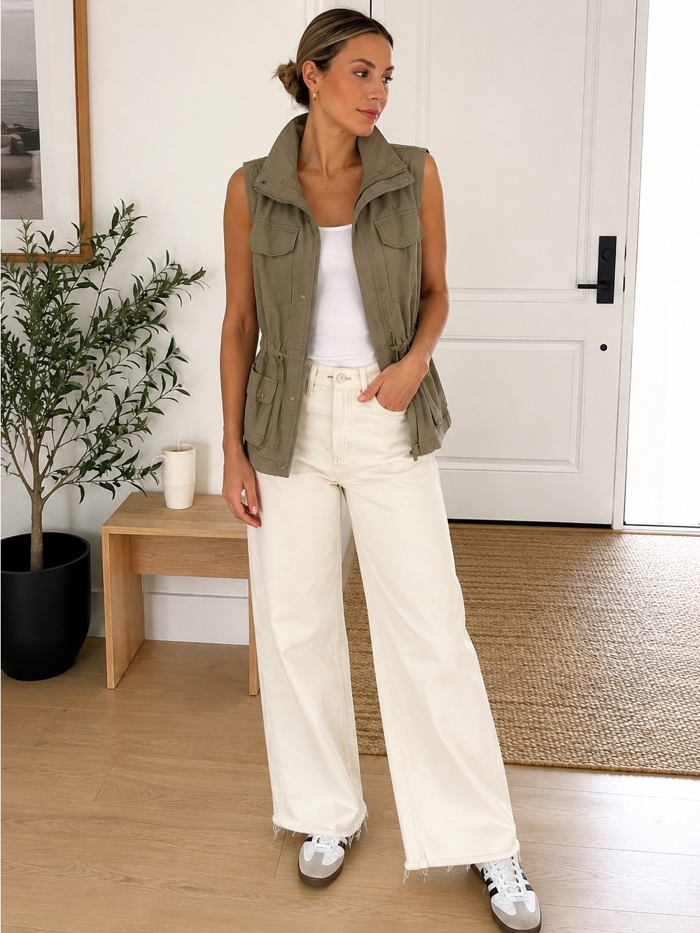Princess Vera Wang Olive Green Utility Vest Large Safari Chic Cinched Waist